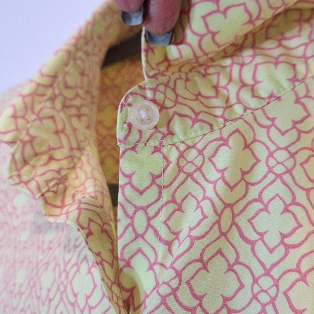 Lands' End No Iron Supima Button Down Cotton Shirt Sz 20W Geometric Yellow Pink - Picture 5 of 11